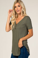 Olive Ribbed Short Sleeve Button Detail Top