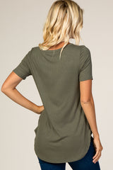 Olive Ribbed Short Sleeve Button Detail Top