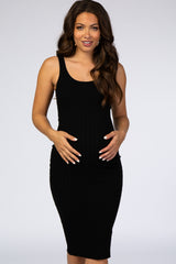 Black Sleeveless Fitted Ribbed Maternity Dress