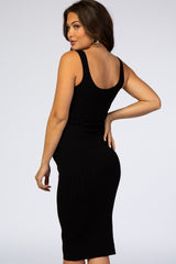 Black Sleeveless Fitted Ribbed Maternity Dress