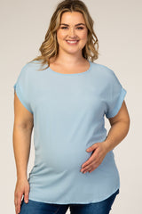 Light Blue Short Cuff Sleeve Maternity Plus Top