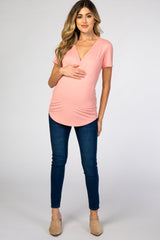 Pink Short Sleeve Wrap Maternity Nursing Top