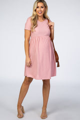 Pink Swiss Dot Short Sleeve Maternity Dress