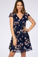 Navy Floral Ruffle Sleeve Chiffon Dress