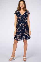 Navy Floral Ruffle Sleeve Chiffon Dress