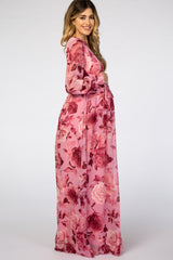 Pink Floral Chiffon Maternity Maxi Dress