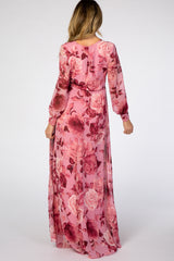 Pink Floral Chiffon Maternity Maxi Dress