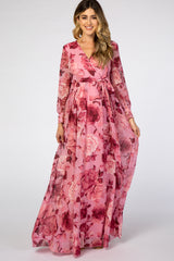 Pink Floral Chiffon Maternity Maxi Dress