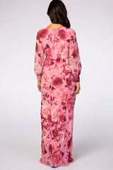 Pink Floral Chiffon Maternity Maxi Dress