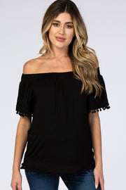 Black Off Shoulder Pom Pom Hem Maternity Top