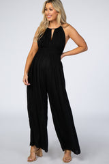 Black Halter Neck Wide Leg Maternity Jumpsuit