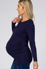 Navy Blue Long Sleeve Ruched Fitted Maternity Top