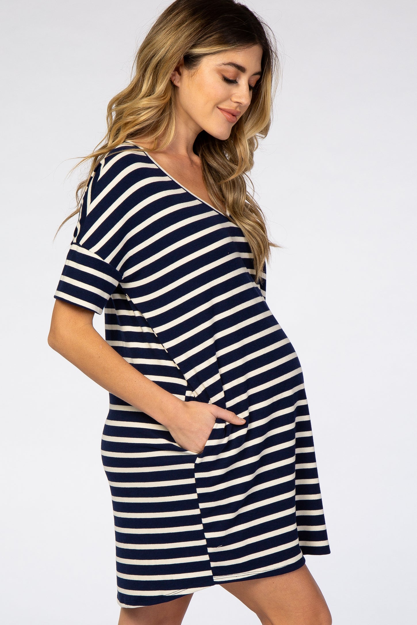 Navy Blue Striped V-Neck Short Sleeve Side Pocket Maternity Dress