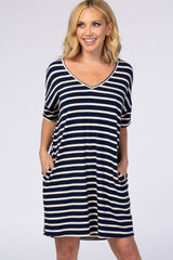 Navy Blue Striped V-Neck Short Sleeve Side Pocket Dress
