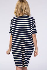 Navy Blue Striped V-Neck Short Sleeve Side Pocket Dress