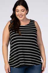 Black Striped Sleeveless Round Neck Plus Maternity Tank Top