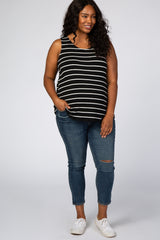 Black Striped Sleeveless Round Neck Plus Maternity Tank Top