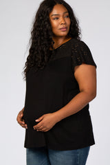 PinkBlush Black Eyelet Short Flutter Sleeve Plus Maternity Top