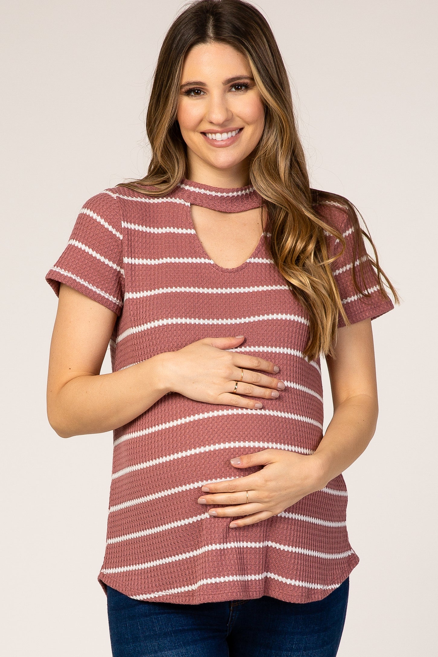 Mauve Striped Waffle Knit Cutout Front Maternity Top