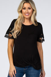 Black Crochet Sleeve Knotted Hem Maternity Top