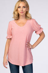 Pink Textured Polka Dot Short Ruffle Sleeve V-Neck Maternity Top