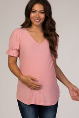 Pink Textured Polka Dot Short Ruffle Sleeve V-Neck Maternity Top