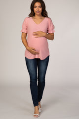 Pink Textured Polka Dot Short Ruffle Sleeve V-Neck Maternity Top