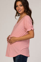 Pink Textured Polka Dot Short Ruffle Sleeve V-Neck Maternity Top