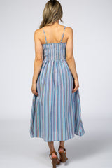 Blue Purple Striped Button Front Midi Dress