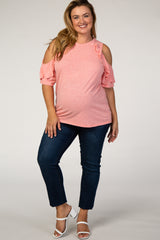 Coral Cold Shoulder Ruffle Maternity Plus Top