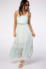 Mint Green Striped Open Back Thick Strap Maternity Maxi Dress