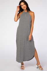 Charcoal High Neck Sleeveless Side Slit Maternity Maxi Dress