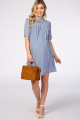 Light Blue Swiss Dot Mock Neck Maternity Dress