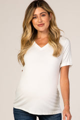 White V-Neck Cuff Sleeve Maternity Top