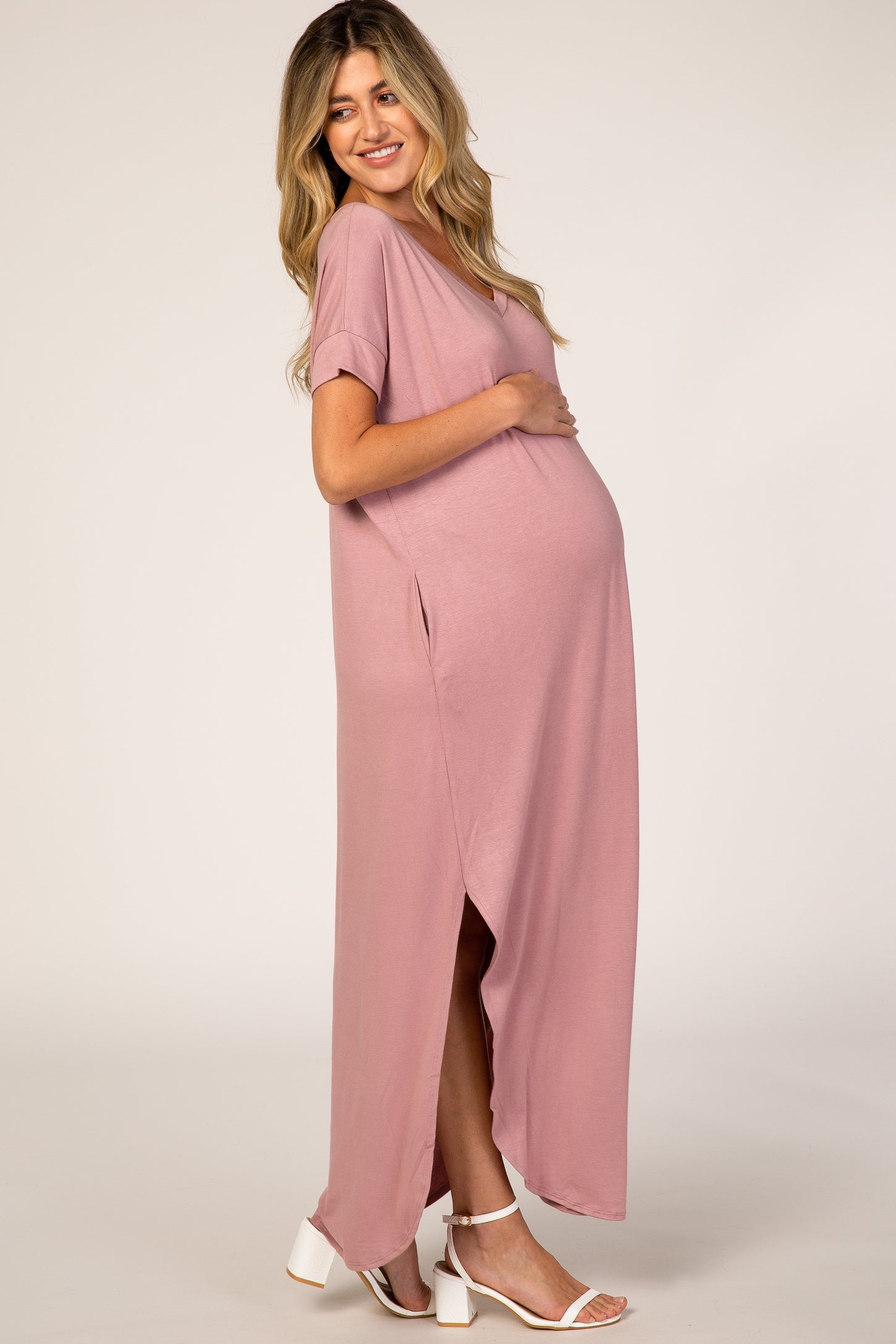 Mauve V-Neck Short Sleeve Maternity Maxi Dress