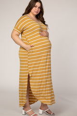 Mustard Stripe V-Neck Maternity Plus Maxi Dress
