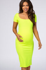 Neon Lime Short Sleeve Square Neck Midi Maternity Dress