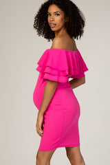 PinkBlush Fuchsia Layered Ruffle Off Shoulder Fitted Maternity Dress