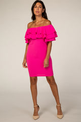 PinkBlush Fuchsia Layered Ruffle Off Shoulder Fitted Maternity Dress