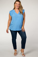 Blue Flutter Sleeve Plus Maternity Top