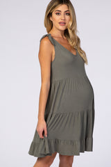 Light Olive Knotted Strap Tiered Maternity Dress