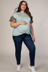 Mint Animal Sleeve Knot Front Maternity Plus Top