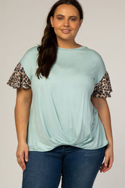 Mint Animal Sleeve Knot Front Plus Top