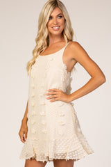 Waverleigh Cream Thin Strap Textured Polka Dot Ruffle Hem Dress