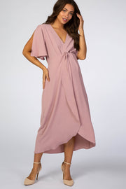 Mauve Open Sleeve Maternity Wrap Midi Dress