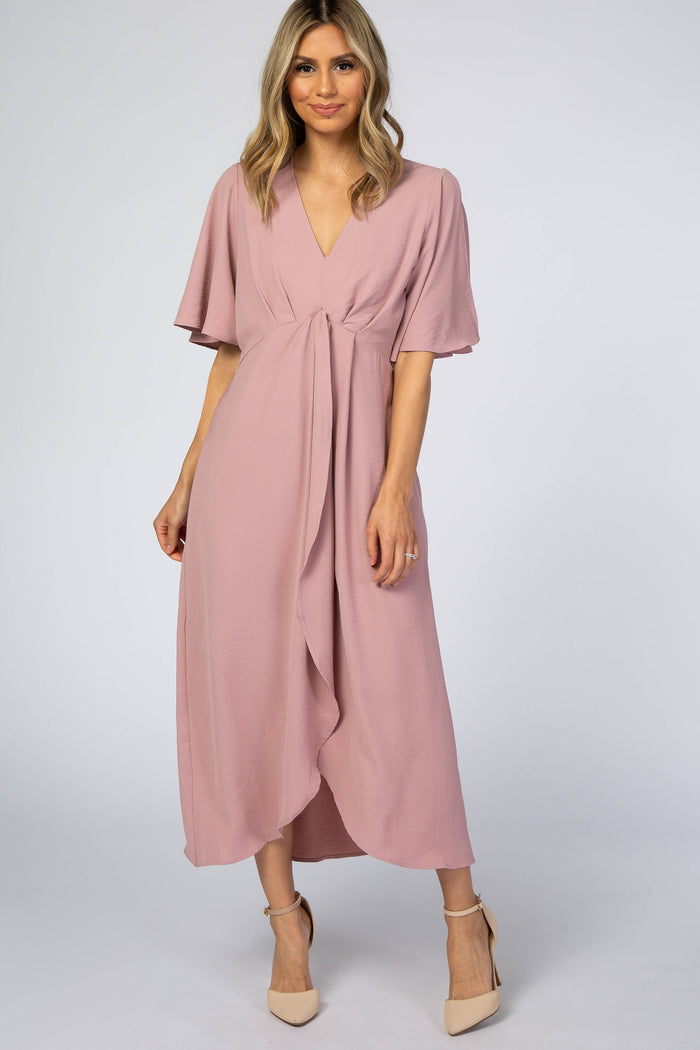 Mauve Open Sleeve Wrap Midi Dress