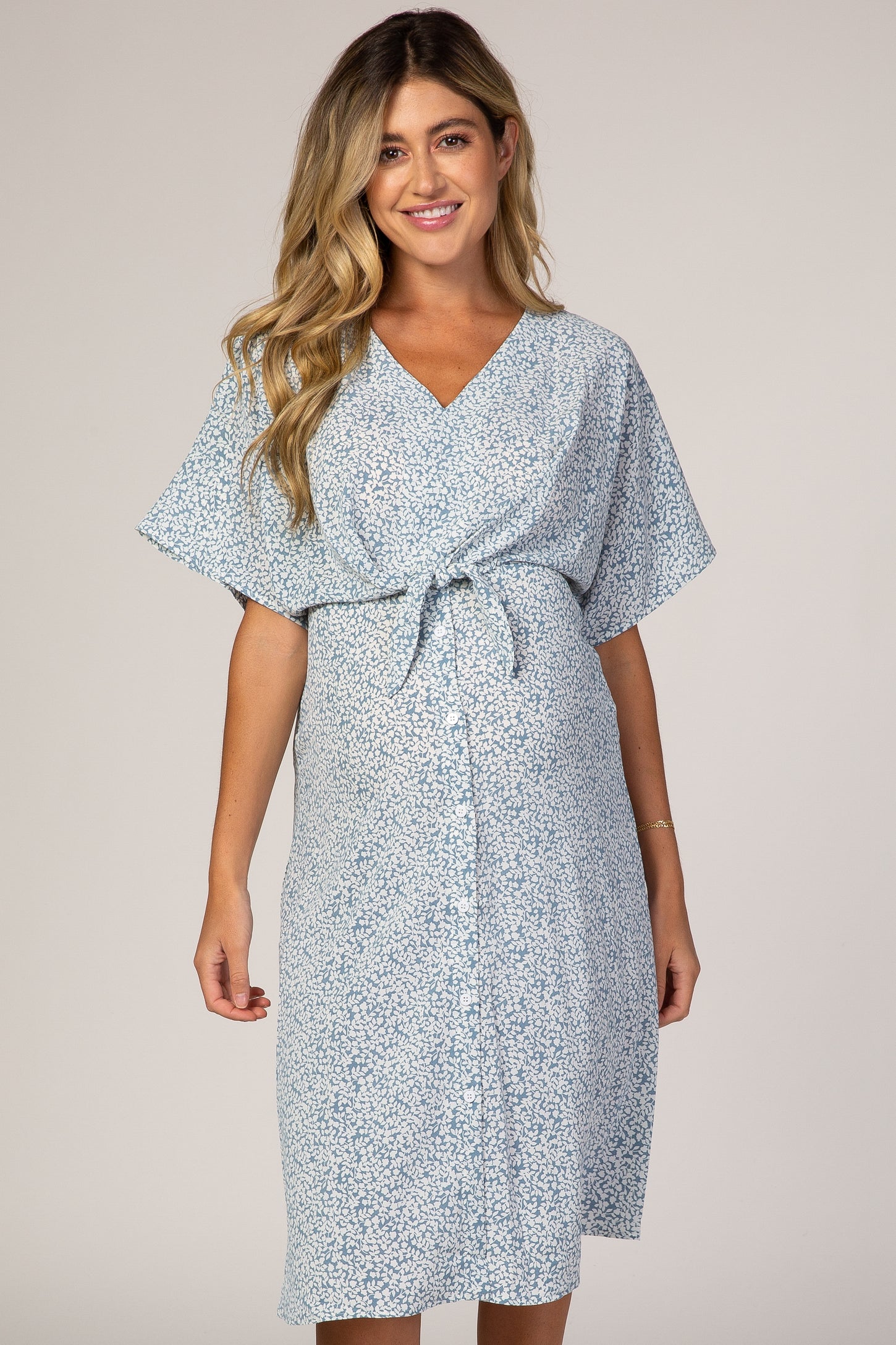 Blue Printed V-Neck Drop Shoulder Maternity Dress