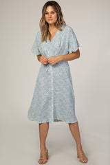 Blue Printed V-Neck Drop Shoulder Maternity Dress