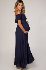 Navy Blue Off Shoulder Tassel Tie Maternity Maxi Dress