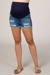 PinkBlush Blue Distressed Cuffed Maternity Jean Shorts